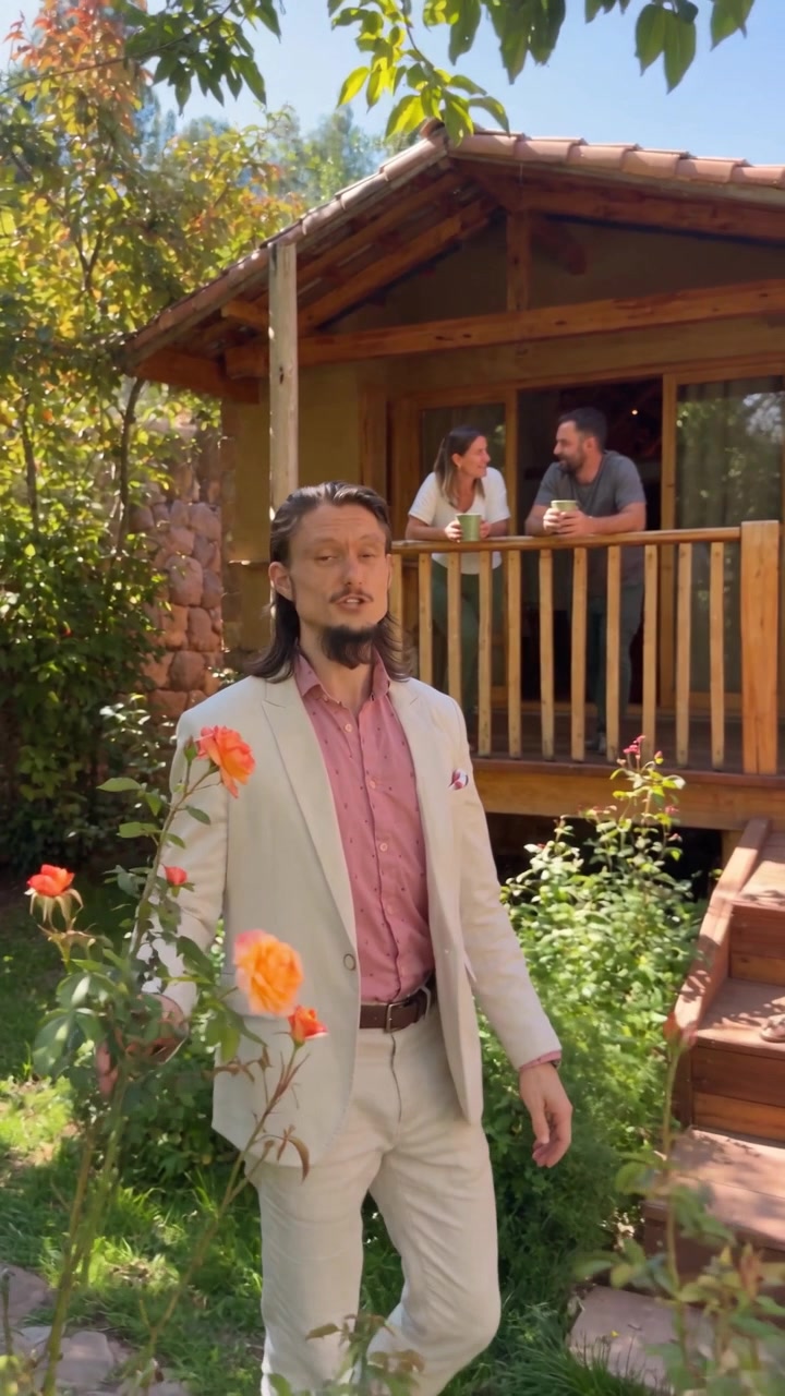Florian Rolke in the rose garden in front of a guest lodge, two guests on the balcony behind