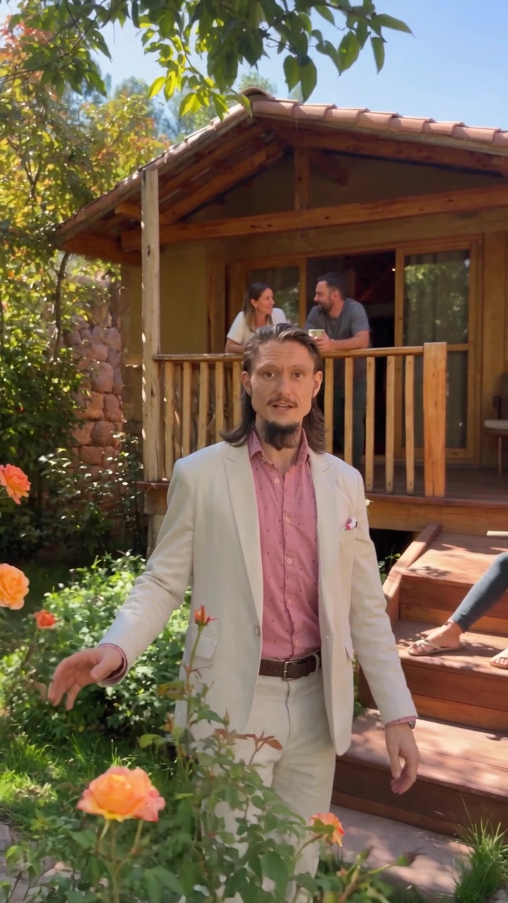 Florian Rolke answering questions in the garden, guests on the lodge balcony behind