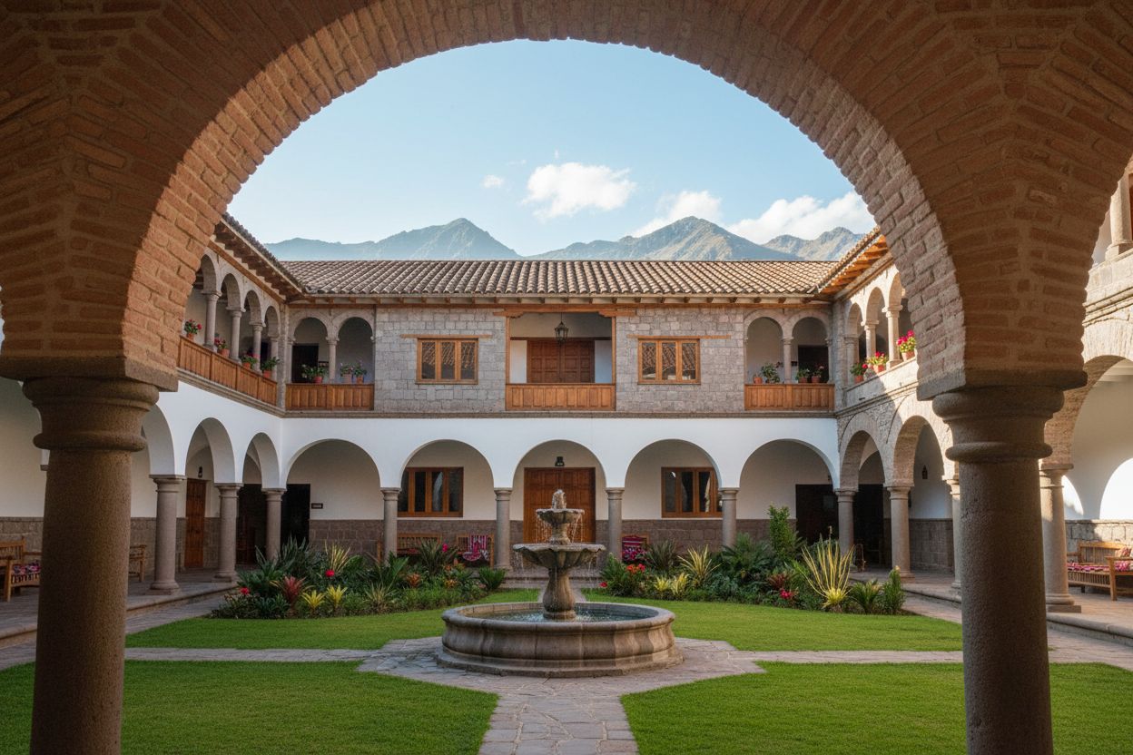 The courtyard and its fountain, mountains behind