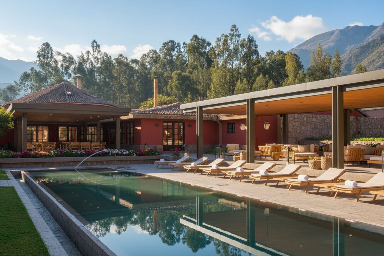 The pool and its loungers in the late afternoon sun