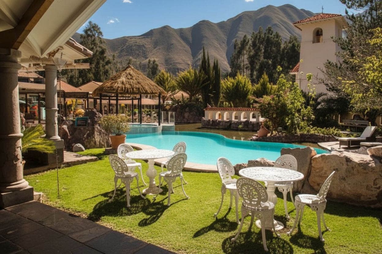 Tables in the garden, mountains behind