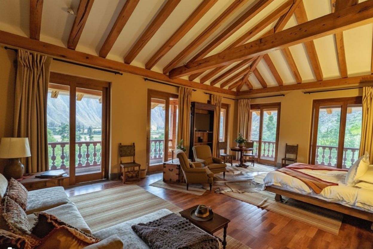 A room under the old beams, the valley in the windows